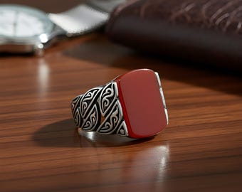 Egyptian Sterling Silver Men&#39;s Ring, Chunky Statement Design, Carnelian Stone, Chain Face