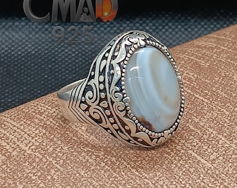 Egyptian Sterling Silver Men&#39;s Ring, Chunky Statement Design, White Stone