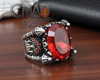 Men&#39;s Sterling Silver 925 Red Stone Ring, Mecha Egyptian Turkish Design