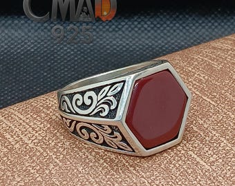 Egyptian Sterling Silver Men&#39;s Ring, Chunky Statement Design, Carnelian Stone, Flower Face