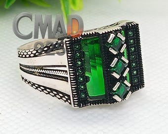 Men&#39;s 925 Sterling Silver Green Stone Ring, Egyptian Design