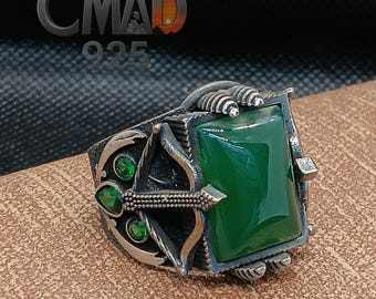 Sterling Silver Emerald or Onyx Stone Ring, Chunky Turkish Style, Archer Ring