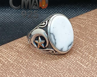 Egyptian Sterling Silver Men&#39;s Ring, Islamic Design, White Stone