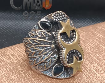 Egyptian Sterling Silver Men&#39;s Ring, Muslim Symbol, Chunky Statement Design, Onyx Stone, Feather Face