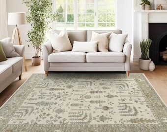 Handmade Beige Oriental Rug: Vintage Distressed Woven Decor