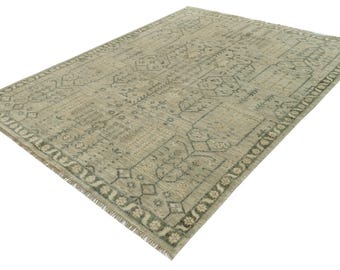 Handmade Beige Oriental Rug: Vintage Distressed Woven Carpet