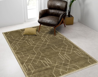 Handmade Wool Rug | Brown Geometric, Minimalist Carpet