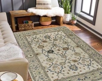 Handmade Beige Oriental Rug: Vintage Distressed Woven Carpet