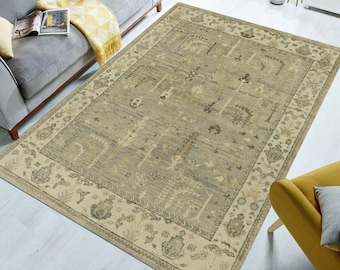 Handwoven Beige Oriental Rug: Neutral Boho Home Decor
