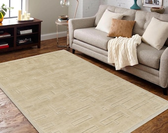 Handmade Wool Rug | Minimalist Embossed Geometric, Beige