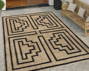 Handmade Modern Geometric Outdoor Rug | Handmade Beige & Black Pattern Carpet |