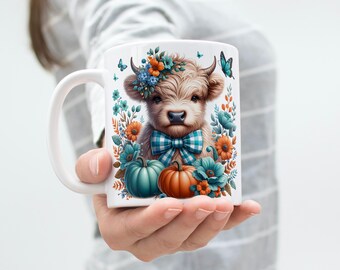 Highland Cow Pumpkin Mug Wrap: Floral Autumn Coffee Mug PNG (Digital Download)