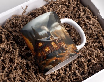 Forest Cabin Mug Wrap 11oz & 15oz Coffee Mug Png Mountain Mug Wrap Forest Mug Forest Landscape Mug Sublimation Designs Digital Download