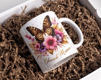 Blessed Mama Mug Wrap: Floral Butterfly Coffee Mug PNG (Digital Download)