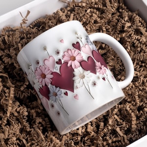 Inflated Valentine Mug Wrap PNG: Floral Heart Design (Digital Download, 11oz & 15oz Mugs)