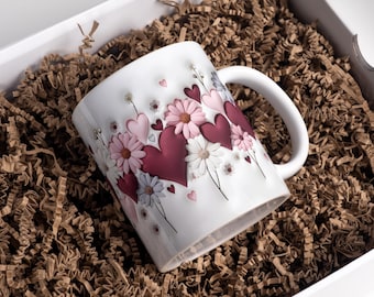 Aufgeblasene Valentine Tasse PNG: Blumenherz-Design (Digitaler Download, 11oz und 15oz Becher)