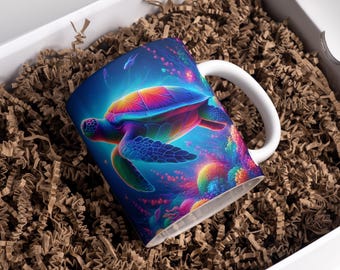 Neon Sea Turtle Mug Wrap: Colorful Coffee Mug PNG (Digital Download)