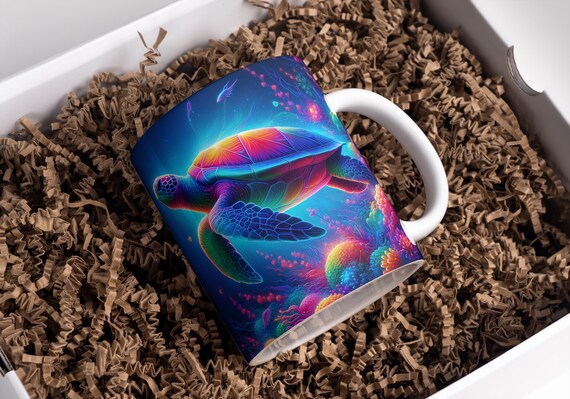 Neon Sea Turtle Mug Wrap: Colorful Coffee Mug PNG (Digital Download)
