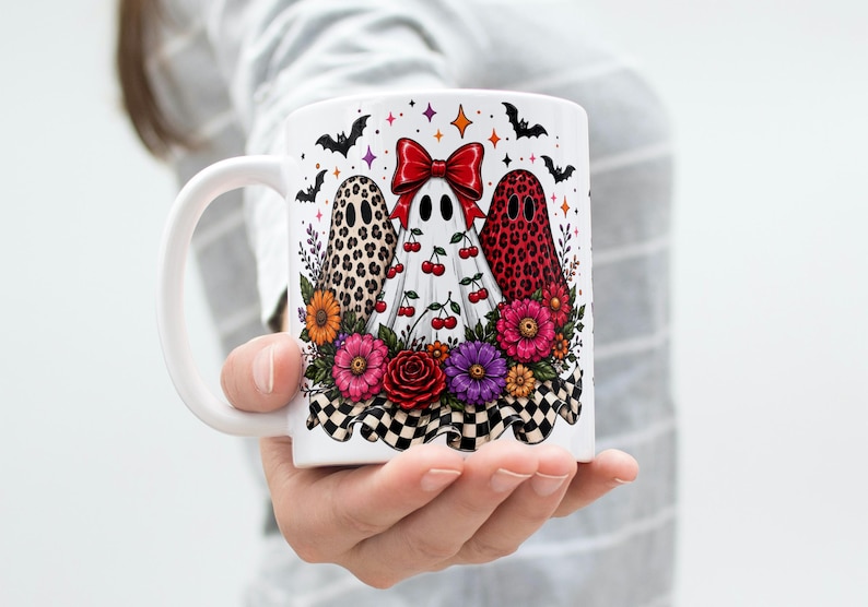 Halloween Mug Wrap, Cute Ghost Mug Wrap, Floral Ghost Mug Wrap, Coquette Ghost Coffee Mug Wrap, 11oz & 15oz Coffee Mug Png, Digital Download
