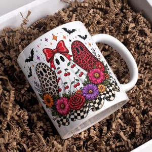 Halloween Mug Wrap, Cute Ghost Mug Wrap, Floral Ghost Mug Wrap, Coquette Ghost Coffee Mug Wrap, 11oz & 15oz Coffee Mug Png, Digital Download