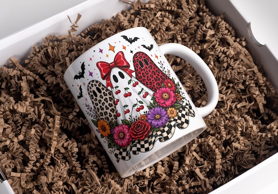 Halloween Mug Wrap, Cute Ghost Mug Wrap, Floral Ghost Mug Wrap, Coquette Ghost Coffee Mug Wrap, 11oz & 15oz Coffee Mug Png, Digital Download