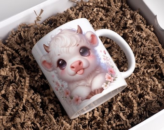 Schattige hooglandkoe mokomslag, 11 oz en 15 oz koffiemok png, hooglandkoe baby mokomslag, 3D-koffiemok, sublimatieontwerpen, digitale download