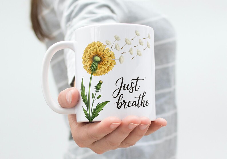 Just Breathe Mug Wrap, Just Breathe PNG, Sunflower Mug Wrap, Flower Mug Wrap, 11oz & 15oz Coffee Mug Png, Digital Download