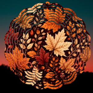 May include: A circular metal wind spinner featuring a detailed cutout pattern of autumn leaves in shades of orange, red, yellow, and brown. The design consists of concentric scalloped rings that create a layered effect with various maple leaf shapes.