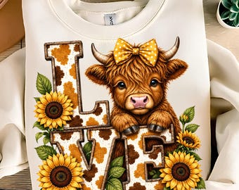 Vaca de las Tierras Altas PNG, Vaca de las Tierras Altas de Otoño PNG, Girasol PNG, Vaca de las Tierras Altas de Otoño PNG, Vaca del Amor PNG, Amor por el Otoño PNG, Diseños de Camisetas Descarga Digital