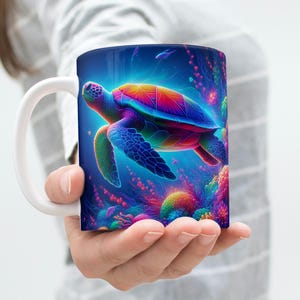 Colorful Neon Turtle Mug Wrap, 11 oz & 15 oz Mug Wrap, Coffee Mug Png, Sea Turtle Png, 3D Mug Wrap, Sublimation Designs, Digital Download