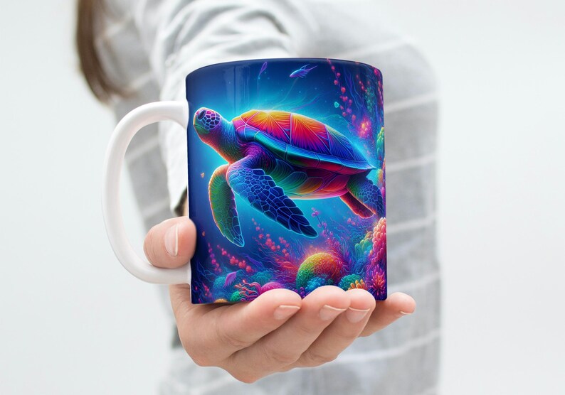Colorful Neon Turtle Mug Wrap, 11 oz & 15 oz Mug Wrap, Coffee Mug Png, Sea Turtle Png, 3D Mug Wrap, Sublimation Designs, Digital Download