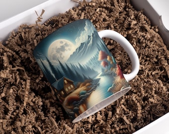 Taza de café con diseño de cabaña en el bosque (11 oz y 15 oz) PNG, taza de montaña, taza con paisaje forestal, diseños de sublimación de taza de bosque, descarga digital