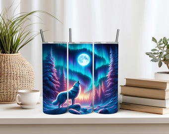 Wolf Tumbler Wrap 20oz Tumbler Wrap Northern Light Tumbler wrap Wolf Sublimation Wolf Tumbler Design Sublimation Designs Digital Download