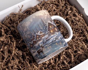 Envoltorio para taza con paisaje navideño (11 oz y 15 oz), envoltorio para taza con ciervo 3D, envoltorio para taza con ciervo para sublimación, diseños PNG para sublimación de tazas de café con ciervo (descarga digital).
