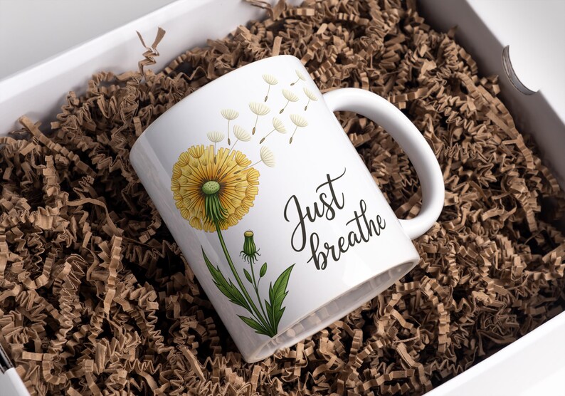 Just Breathe Mug Wrap, Just Breathe PNG, Sunflower Mug Wrap, Flower Mug Wrap, 11oz & 15oz Coffee Mug Png, Digital Download
