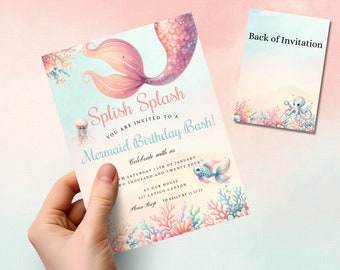 Editable Mermaid Birthday Invitation, Mermaid Invite, Under the Sea Birthday Party, Printable template Digital Instant Download, Templett M1