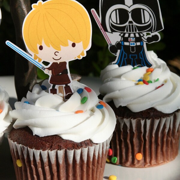 Star Wars Party - Cupcake Toppers - Birthday Party - Baby Shower - Return of the Jedi - Luke Skywalker - R2D2 - C3PO - Kawaii - Set of 12