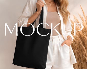 Mockup zwarte draagtas, mockup canvas draagtas, boodschappentas boho-stijl, png JPG