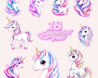 Eenhoorn png-bundel, schattige eenhoorn-clipart, 18 transparante png 300 dpi