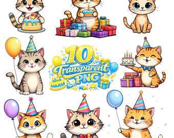 10 png-bundel verjaardag kat png-bundel voor jongens, clipart schattige kat