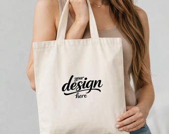 Mockup canvas draagtas, mock-up lifestyle-boodschappentas, esthetisch modelmodel in boho-stijl
