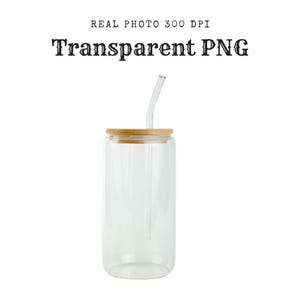 May include: A clear glass can-shaped tumbler with a bamboo lid and a clear glass straw. The text "Transparent PNG" is printed in black above the tumbler. The tumbler is empty and sits against a white background.