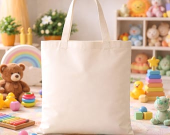 Mockupbundel van 5 canvas draagtassen, speelkamer in kinderstijl, JPG