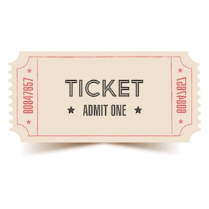 May include: A cream-coloured vintage ticket with a pink border. The word "TICKET" is printed in dark grey, with "ADMIT ONE" below. The ticket has a serial number and star accents.