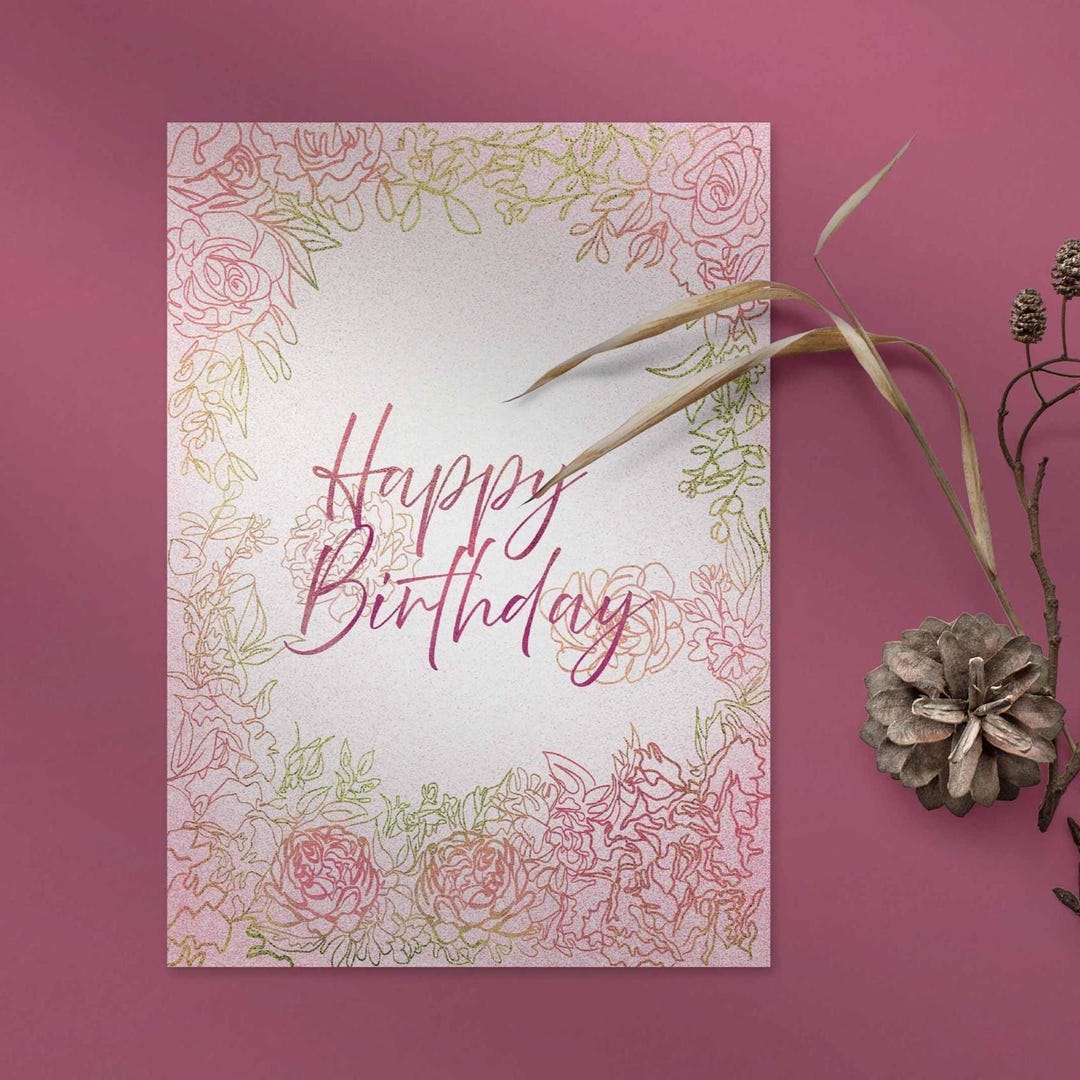 Floral Birthday Card, Pink & Gold Elegant Design (digital Download) - Etsy