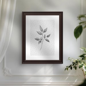 Puede incluir: Impresión botánica en blanco y negro enmarcada que presenta una ilustración detallada de un tallo de planta con hojas. El fondo está lleno de texto pequeño. El marco marrón oscuro añade un toque clásico a la obra de arte, adecuado para la decoración del hogar.