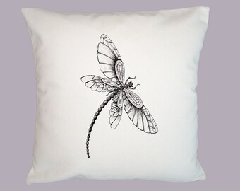 Fancy Dragonfly Vintage Illustration Pillow Cover - choice of natural or white canvas, Image color