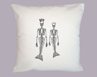 Royal Mermaid Skeletons Pillow Cover - choice of natural or white canvas, Image color
