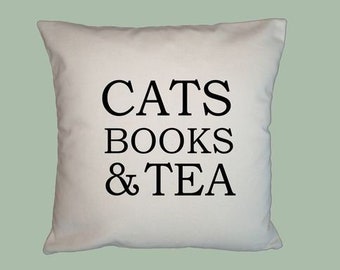 Cats Books & Tea Pillow Cover - choice of natural or white canvas, Image color