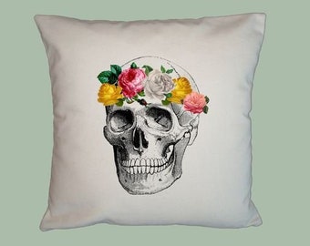 VIntage Skull with Roses Crown Pillow Cover - choice of natural or white canvas